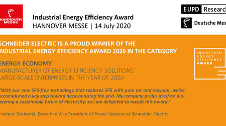 Schneider Electric gana el Industrial Energy Efficiency Award en Hannover Messe por su tecnología de aparamenta en media tensión sin gas SF6